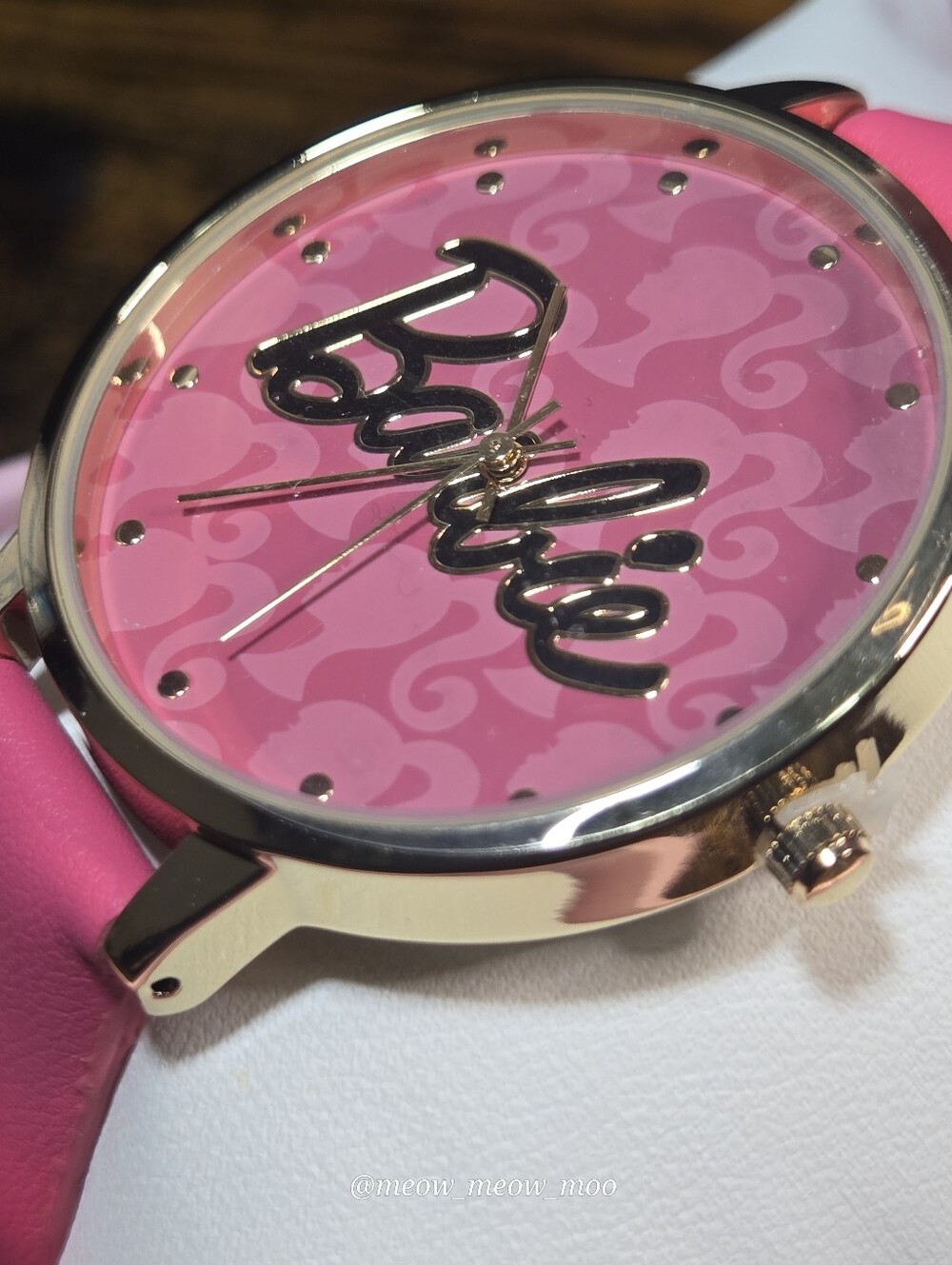 Barbie Pink Faux Leather Strap Gold Tone Wristwatch Accutime New with Box